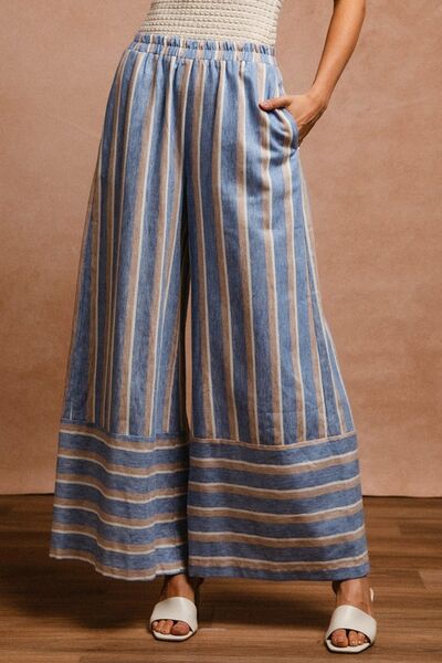 BiBi Denim Combo Striped Wide Leg Pants with Pockets DENIM COMBO