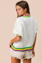 BiBi Ivory Short Puff Sleeve Ribbon Bow Mardi Gras Sweater