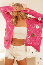 BiBi Fuchsia Flower Patches Open Knit Sweater Cardigan