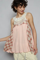 POL Crochet Lace Plaid Panel Detail Tank in Watermelon Pink