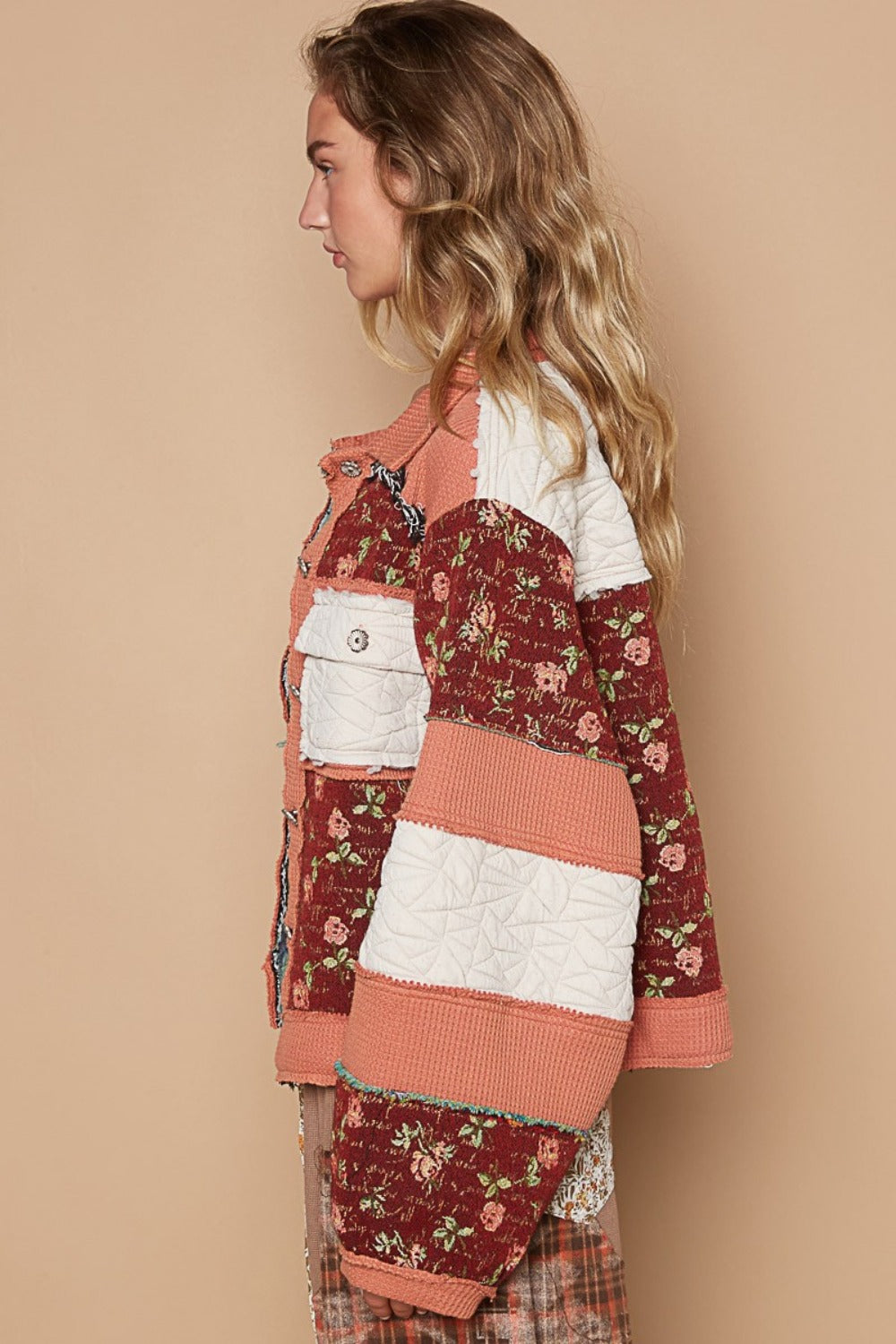 POL Washed Jacquard Color Block Jacket Trendsi