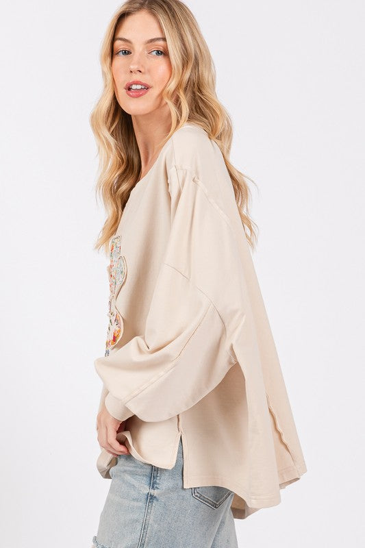 SAGE + FIG Oatmeal Flower Patch Dropped Shoulder Oversize Top Shirts & Tops