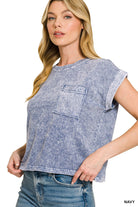Zenana Halo Snow Washed Cotton Cuffed Short Sleeve Top NAVY