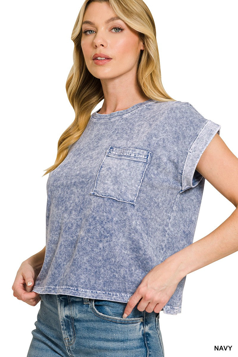 Zenana Halo Snow Washed Cotton Cuffed Short Sleeve Top NAVY