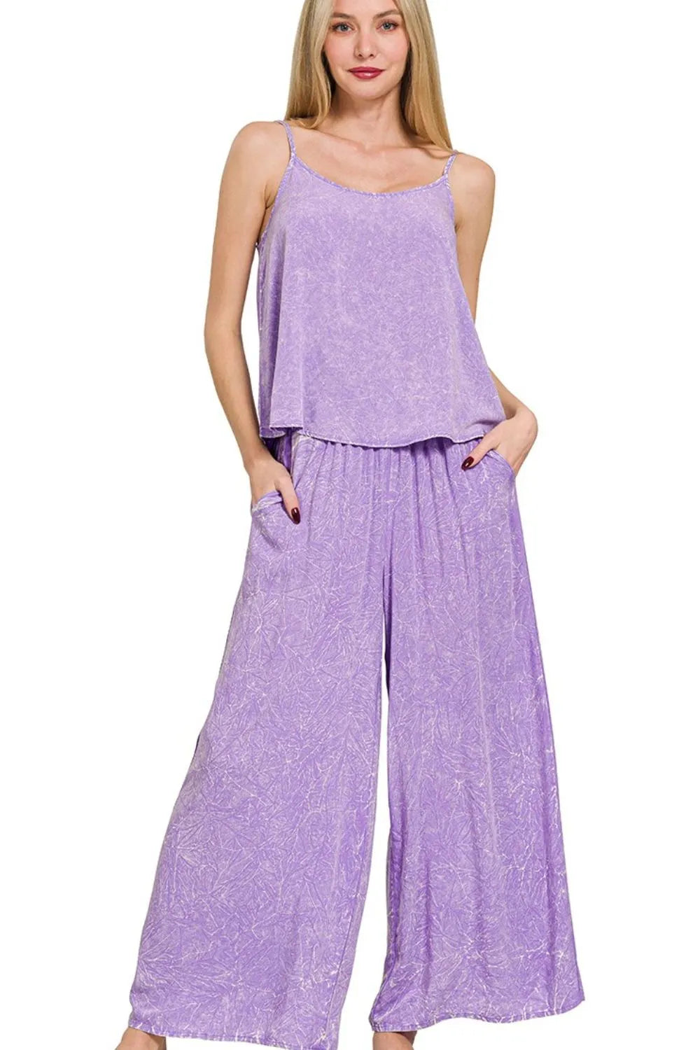 Zenana Lavender Woven Acid Crinkle Washed Cami & Pants 2 Piece Set LAVENDER