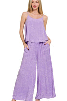 Zenana Lavender Woven Acid Crinkle Washed Cami & Pants 2 Piece Set LAVENDER
