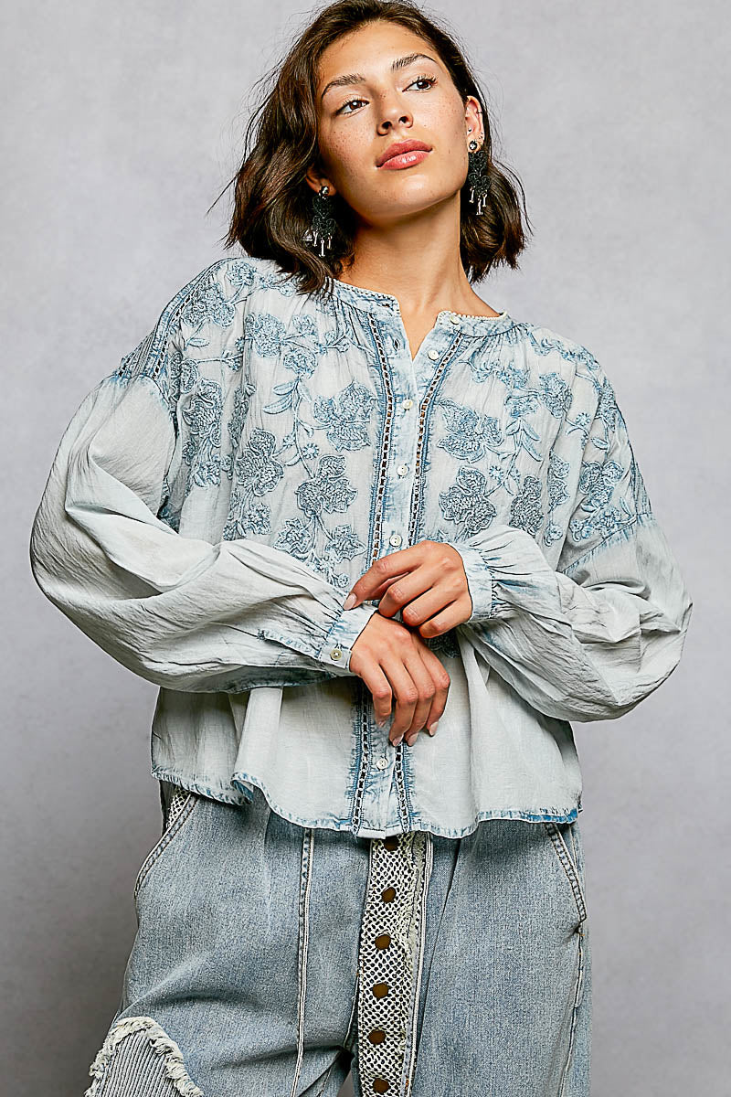 POL Denim Blue Floral Embroidered Button Down Long Sleeve Shirt