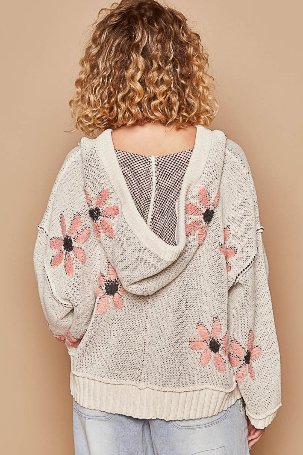 POL Pale Almond Floral Pattern Hooded High-Low Sweater Trendsi