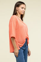 Zenana Brushed Waffle Exposed-Seam 3/4 Sleeve Top ZENANA