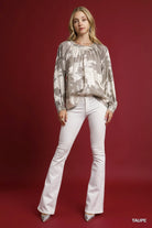 Umgee Taupe Metallic Fabric Blouse with Balloon Sleeves