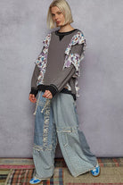 POL Charcoal Round Neck Sweater with Floral Ruffle Detail