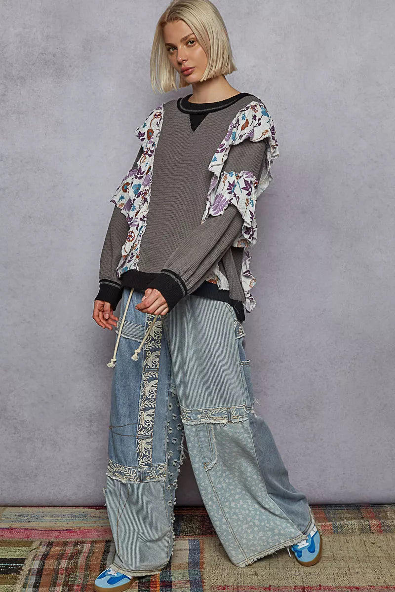 POL Charcoal Round Neck Sweater with Floral Ruffle Detail