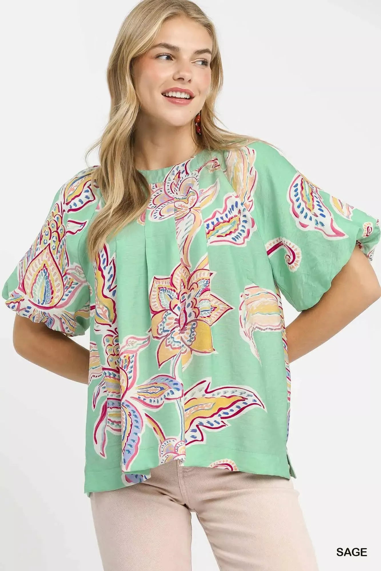 Umgee Sage Paisley Print Puff Sleeve Blouse SAGE