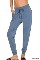 Zenana Dusty Blue Drawstring Cotton Joggers with Pockets DUSTY BLUE