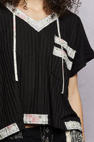 POL Black Short Sleeve Hooded Top with Back-Open & Pearl Detail