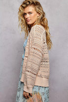 POL Open-Knit Floral Button Cardigan