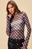 SO ME Plaid Mesh Knit Long Sleeve Top with Thumb Opening