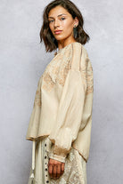 POL Almond Embroidery Button Down Long Sleeve Bohemian Washed Shirt