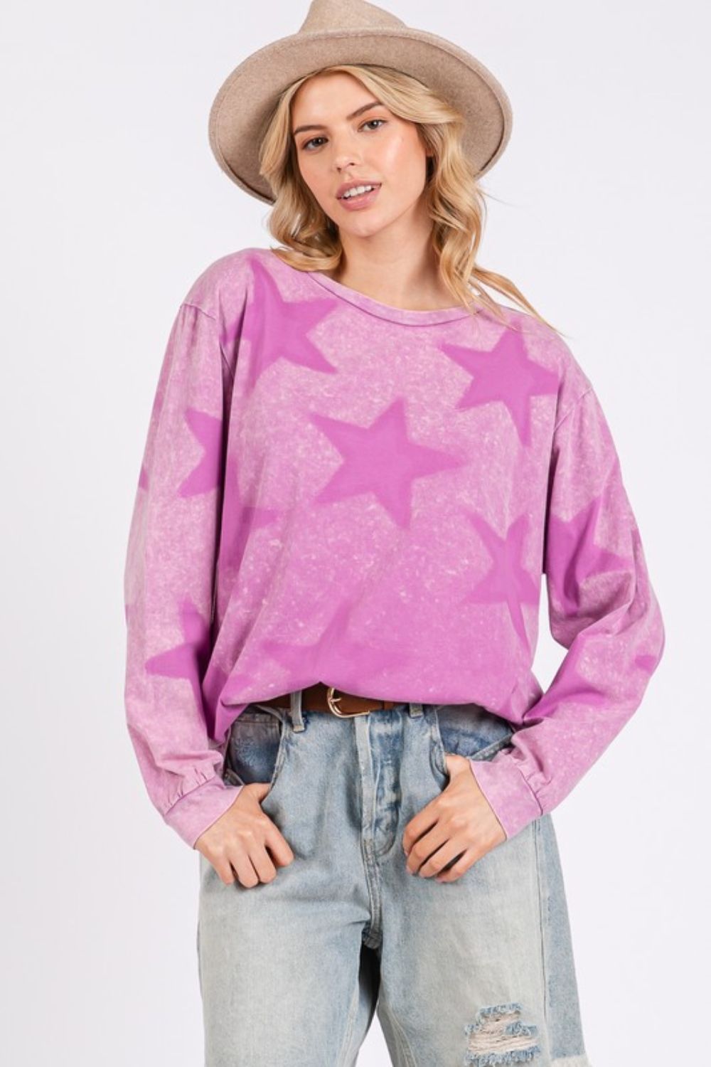 SAGE + FIG Moon Light Mauve Mineral Washed Star Pattern Long Sleeve Top Shirts & Tops