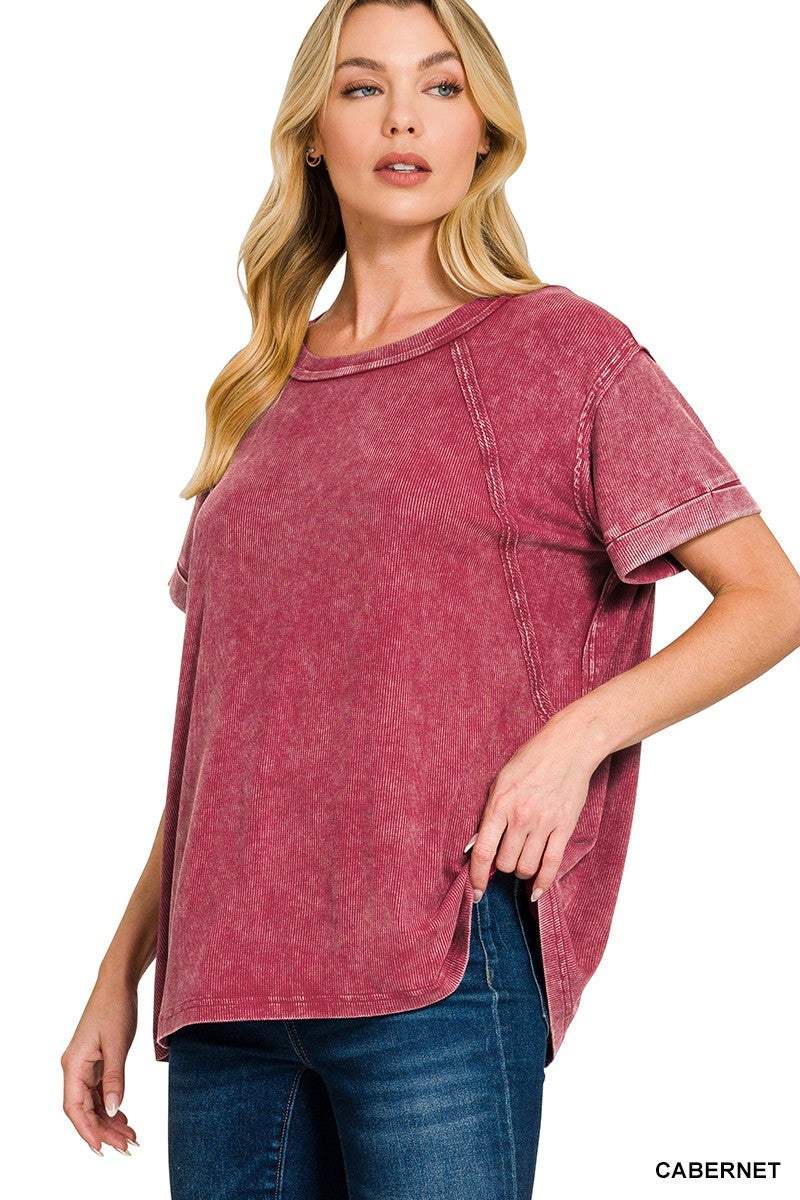 Zenana Cabernet Washed Ribbed Cuffed Short Sleeve Round Neck Top