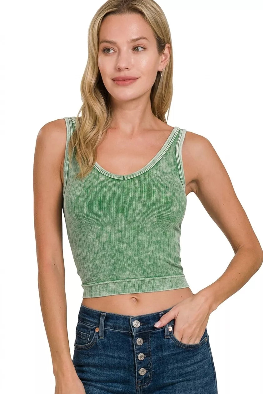 Zenana Dark Green Washed Ribbed Seamless Cropped V-neck Tank Top