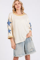 SAGE + FIG Ivory Star Patch Side Slit Round Neck Top