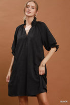 Umgee Floral Textured Jacqaurd V-Neck Dress BLACK