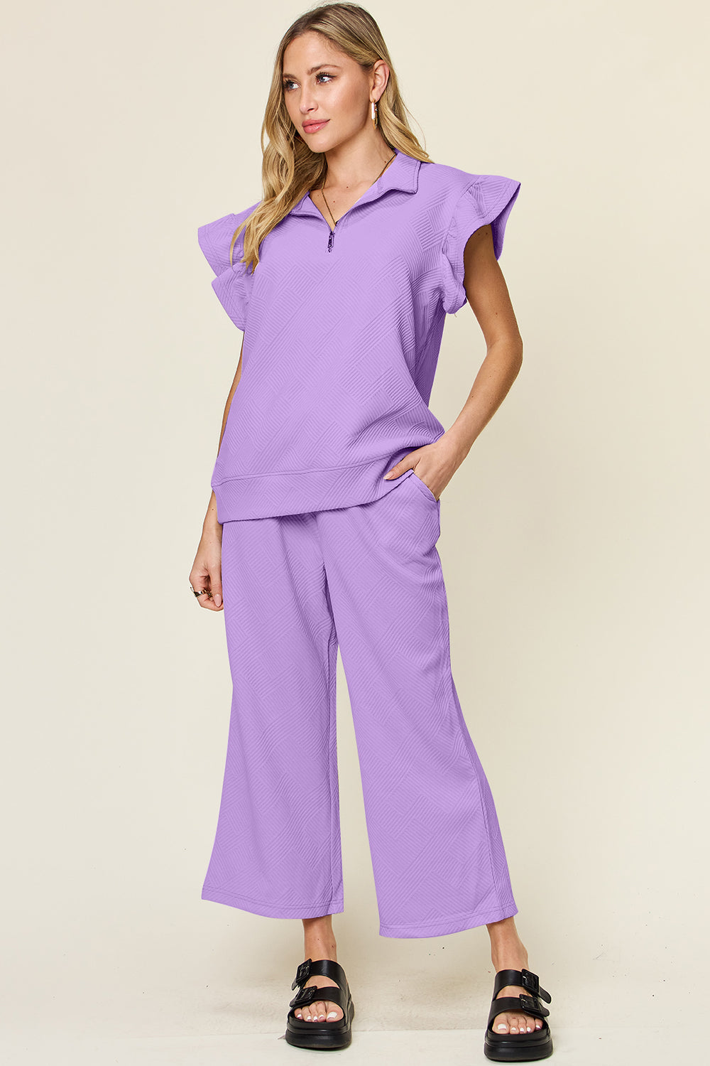 Double Take Quilted Textured Ruffle Short Sleeve Top and Drawstring Wide Leg Pants Set Lavender Trendsi