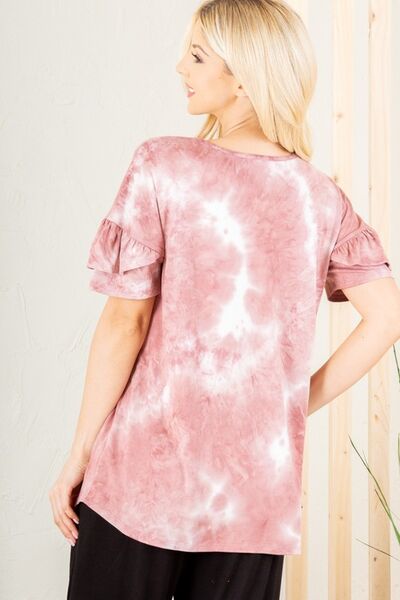 Heimish Mauve & Ivory Ruffled Sleeve Tie Dye Top