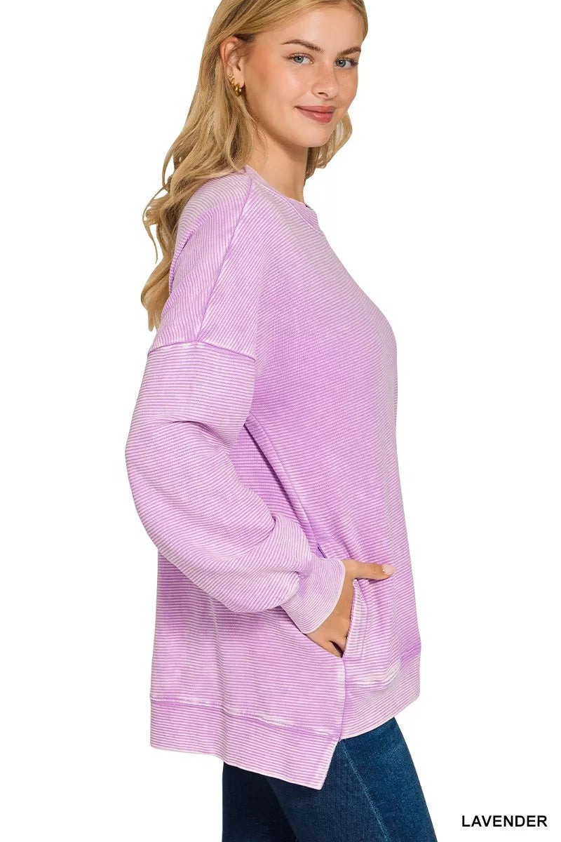 Zenana Lavender Acid Washed Double Ribbed Hi-low Sweatshirt