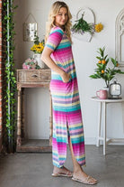 Heimish Pink Multi Color Striped Short Sleeve Maxi Dress