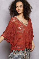POL Ginger V-Neck Crochet Top with Scalloped Hem
