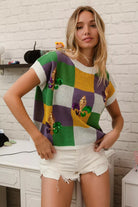 BiBi Sequin Embroidery Mardi Gras Checker Sweater Top
