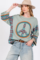 SAGE + FIG Peace Applique Patch Contrast Plaid Top in Autumn Sage Autumn Sage Trendsi