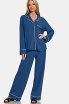 Zenana Peacock Blue Button Down Long Sleeve Top and Pants Lounge Set Loungewear Set