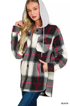 Zenana Black Plaid Drawstring Hooded Fleece Shacket