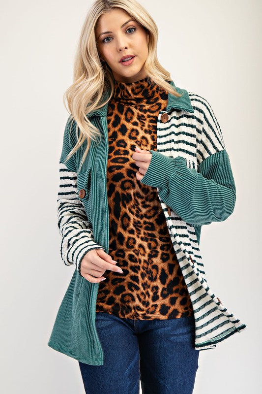 Celeste Turquoise Striped Button Up Dropped Shoulder Shacket Coats & Jackets