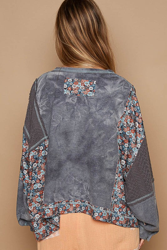 POL Floral Patchwork Round Neck Knit Top in Gray Shirts & Tops