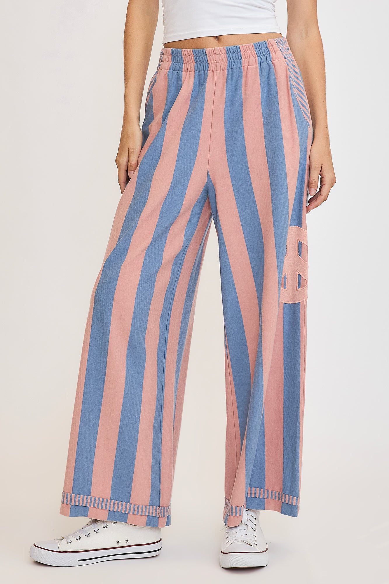 Umgee Washed Dusty Blue & Pink Peace Sign Patch Striped Wide Leg Pants DUSTY BLUE Pants