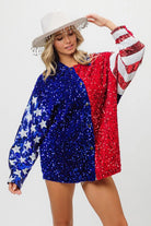 BiBi American Flag Sequin Snap Down Shirt ROYAL BLUE RED