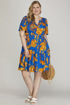 She + Sky Royal Blue Printed Notched Short Sleeve Frill Tiered Dress Plus Size