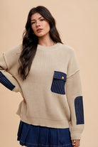 Annie Wear Contrast Round Neck Drop Shoulder Sweater with Patch Pocket Khaki