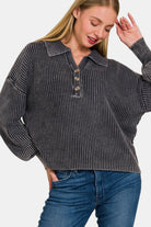 Zenana Black Washed Half Button Long Sleeve Sweater Shirts & Tops