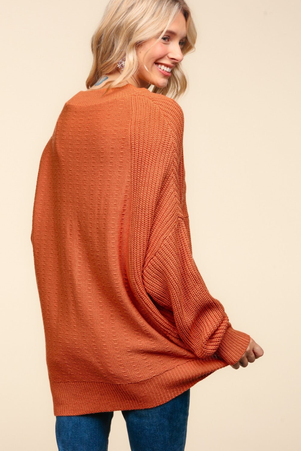 Haptics Pumpkin Side Slit Textured Asymmetric Sweater Trendsi