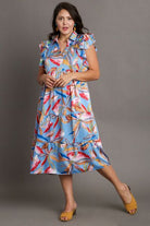 Umgee Periwinkle Leaf Print Double Layered Ruffle Sleeve Tiered Midi Dress