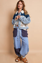 POL Powder Blue Corduroy Jacquard Patchwork Button Up Jacket Coats & Jackets