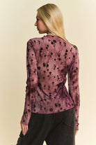 Davi & Dani Burgundy Floral Mesh Long Sleeve Sheer Layering Top