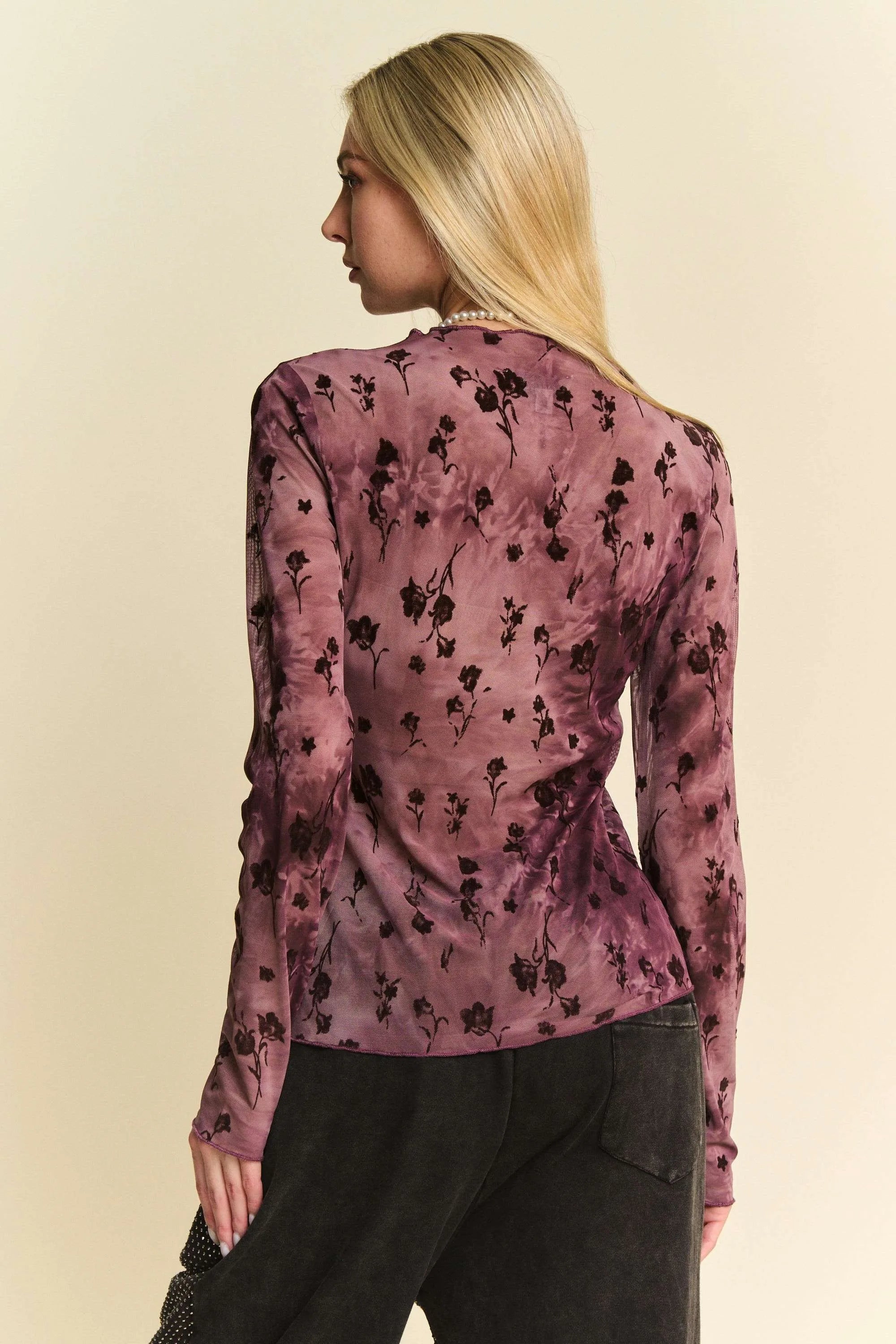 Davi & Dani Burgundy Floral Mesh Long Sleeve Sheer Layering Top