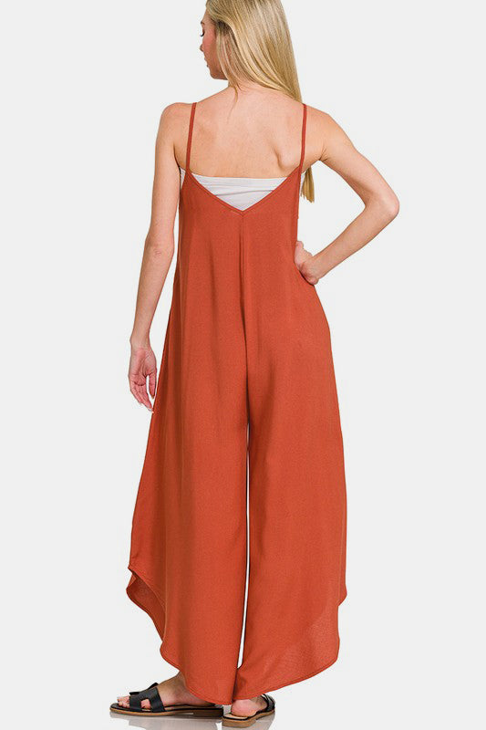 Zenana Rust Spaghetti Strap Wide Leg Overalls with Pockets Jumpsuits & Rompers