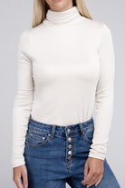 Zenana Ribbed Turtle Neck Long Sleeve Top SAND BEIGE M